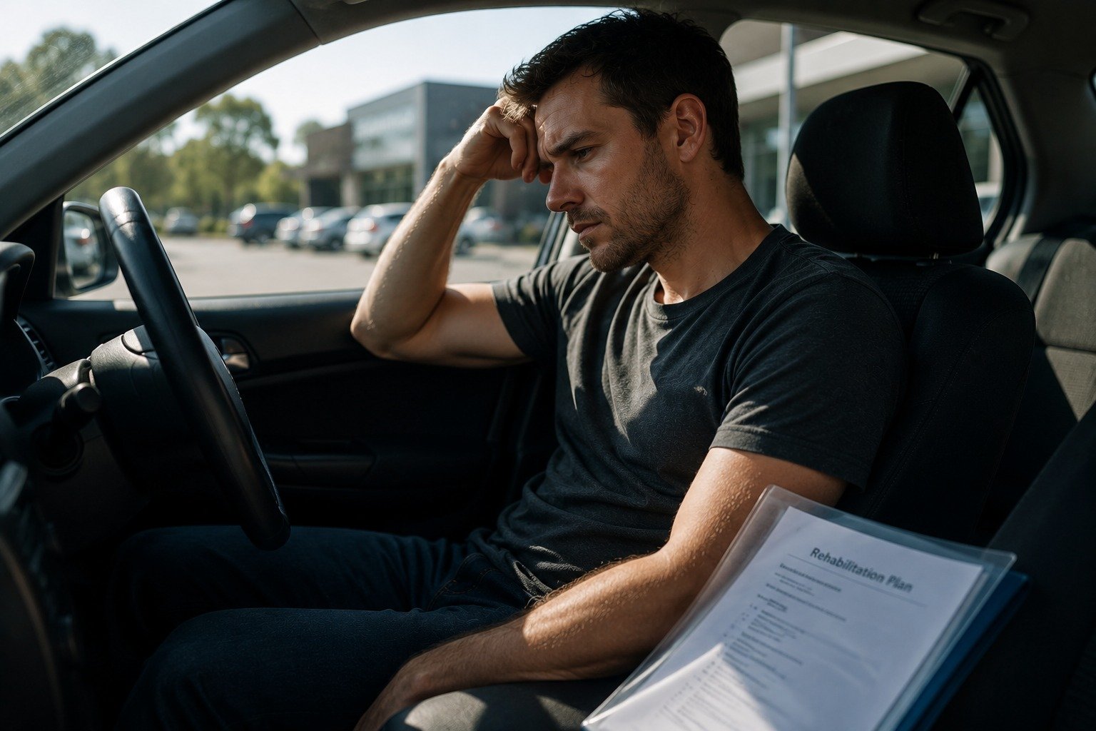 Young man sitting in a parked car after a rehabilitation appointment feeling overwhelmed by recovery uncertainty