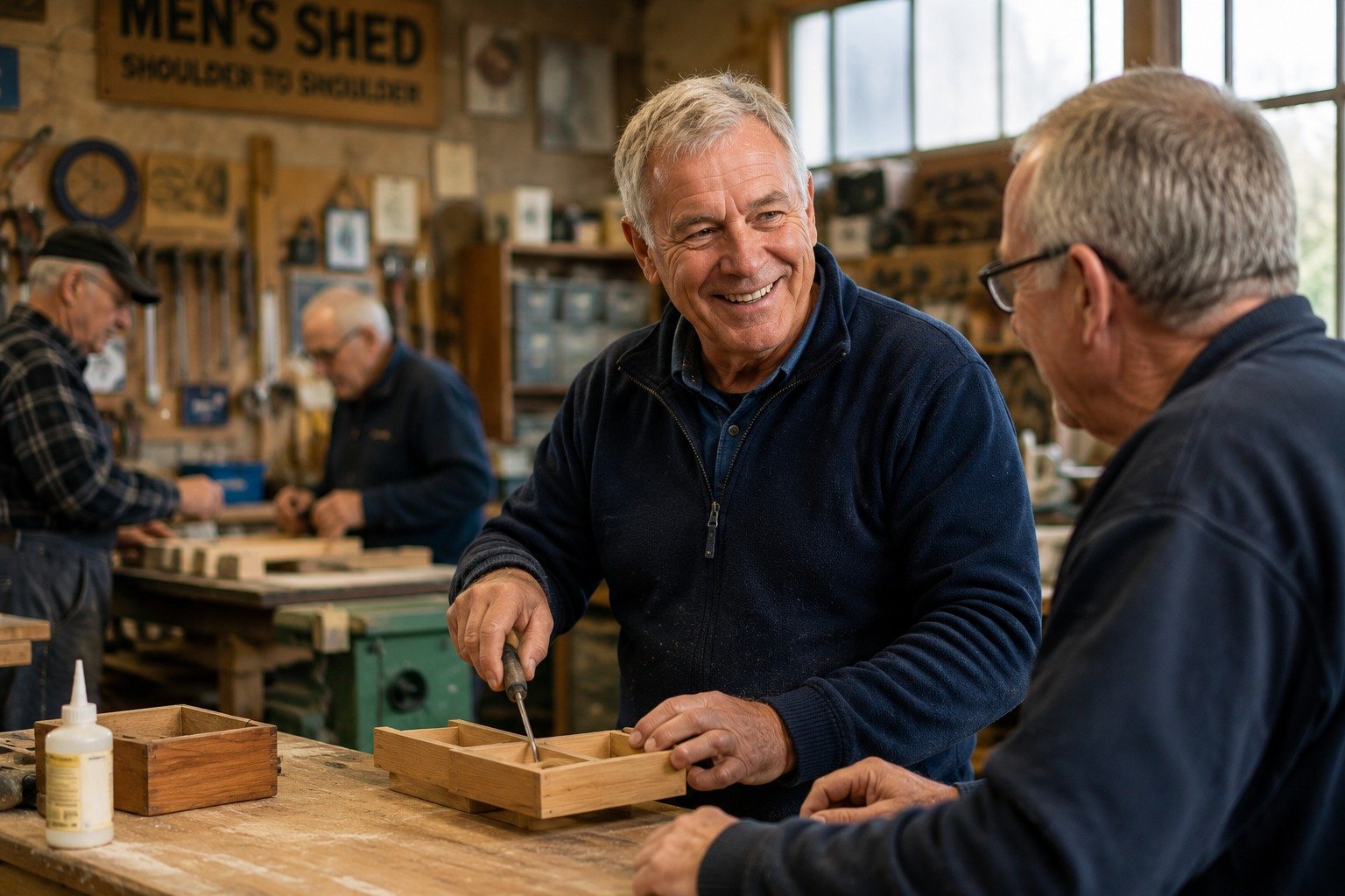 Man reconnecting with purpose and community through meaningful activity at a Men\'s Shed