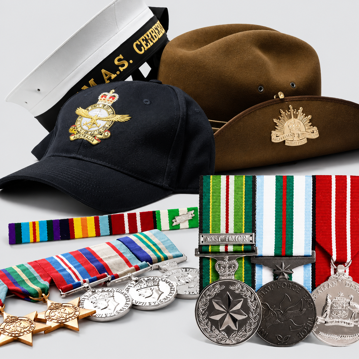 Australian service medals and military headdress